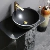 Black Granite Pedestal Sink, Bathroom Stone Sink, Washing Basin, Complimentary Matching Taps and Downcomers