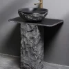 Black Granite Pedestal Sink, Bathroom Stone Sink, Washing Basin, Complimentary Matching Taps and Downcomers