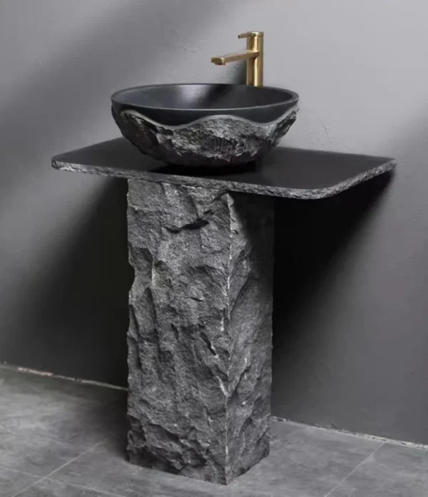Black Granite Pedestal Sink, Bathroom Stone Sink, Washing Basin, Complimentary Matching Taps and Downcomers