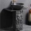 Black Granite Pedestal Sink, Bathroom Stone Sink, Washing Basin, Complimentary Matching Taps and Downcomers