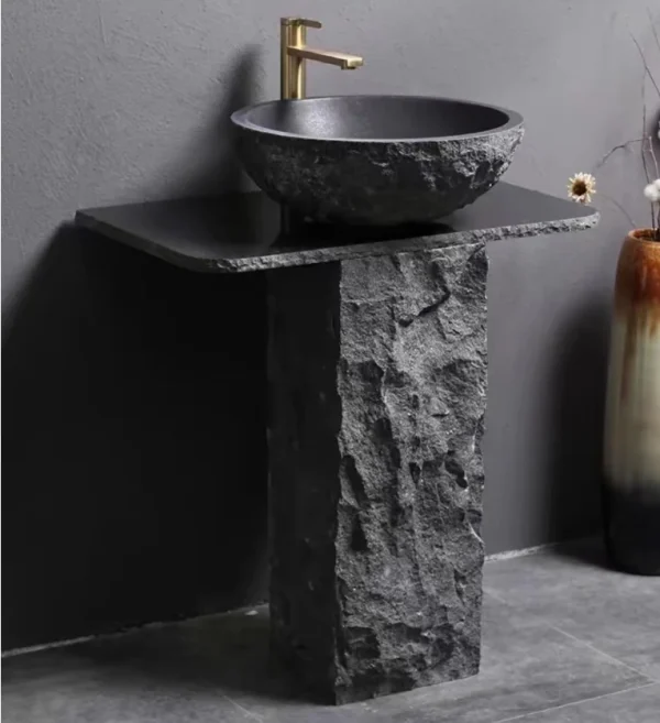 Black Granite Pedestal Sink, Bathroom Stone Sink, Washing Basin, Complimentary Matching Taps and Downcomers