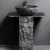 Black Granite Pedestal Sink, Bathroom Stone Sink, Washing Basin, Complimentary Matching Taps and Downcomers