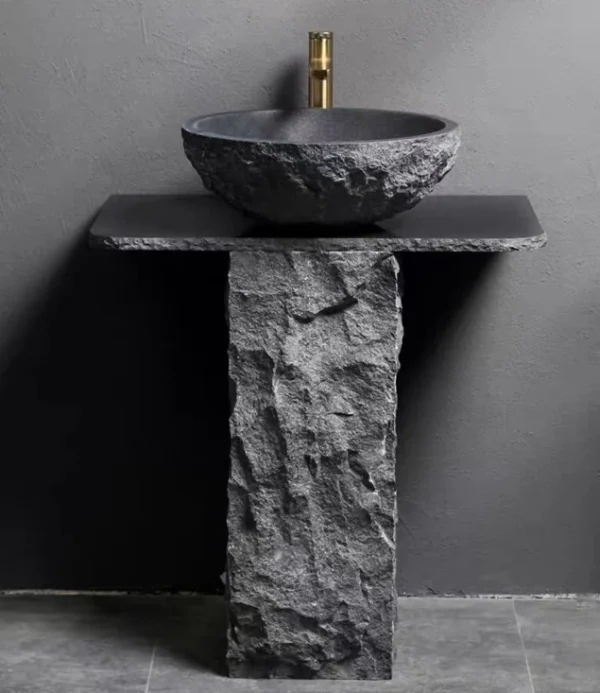 Black Granite Pedestal Sink, Bathroom Stone Sink, Washing Basin, Complimentary Matching Taps and Downcomers