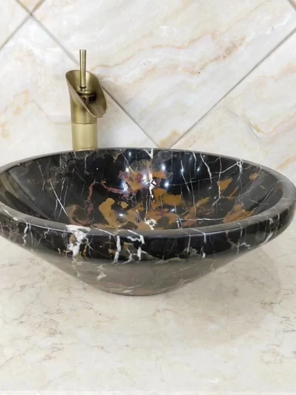 Modern Hot Selling Toilet WC Wash Italian Nero Portoro Free Standing Gold Black Marble Stone Hand Wash Basin Oval Sink Bowl