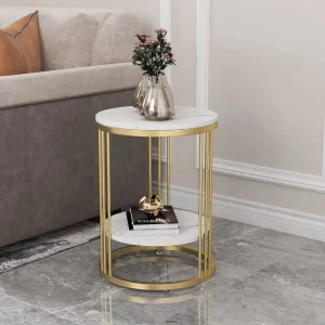 Round-Marble-Accent-Table-End-2-Tiers-Storage-Table-Gold-Metal-Frame-Nightstand-for-Living-Room Round Marble Accent Table End 2 Tiers Storage Table Gold Metal Frame Nightstand for Living Room, Bedroom