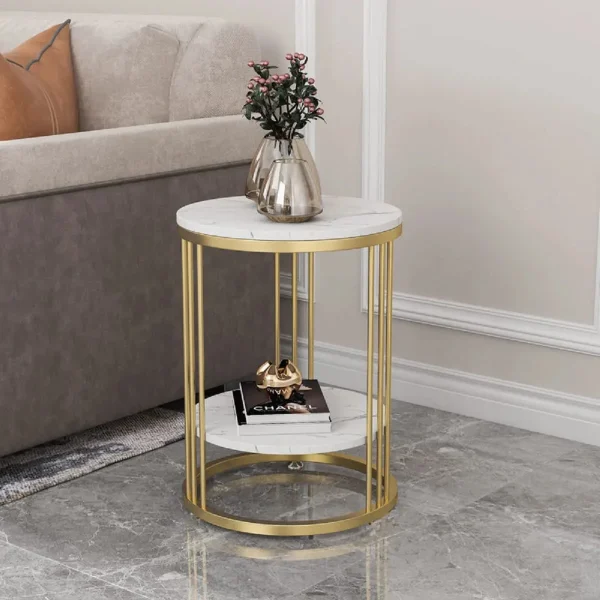 Round Marble Accent Table End 2 Tiers Storage Table Gold Metal Frame Nightstand for Living Room, Bedroom