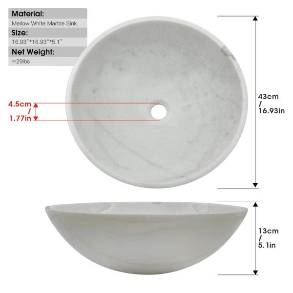 Stone Bathroom Sink 17inch White Round Shape Vessel Bowl Polished Finished basin (White)