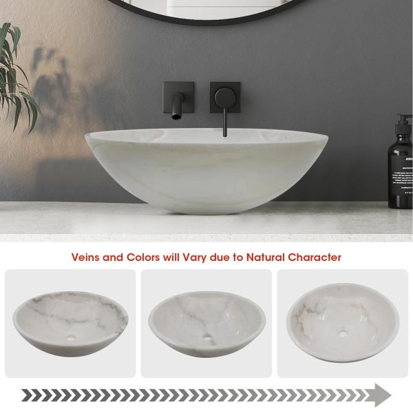 Stone Bathroom Sink 17inch White Round Shape Vessel Bowl Polished Finished basin (White)