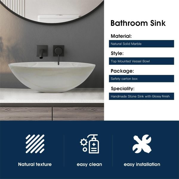 Stone Bathroom Sink 17inch White Round Shape Vessel Bowl Polished Finished basin (White)