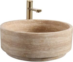 Natural Travertine Stone Round Bathroom Vessel Sink,16 inch Beige Marble Bathroom Sink, Vanity Bowl Basin