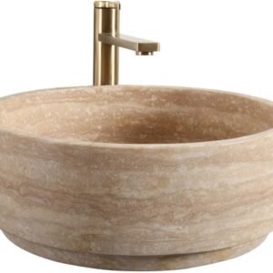 Natural Travertine Stone Round Bathroom Vessel Sink,16 inch Beige Marble Bathroom Sink, Vanity Bowl Basin