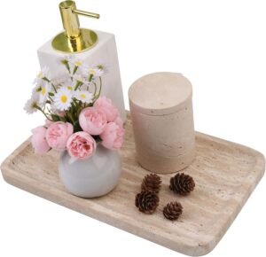 Marble Vanity Tray for Bathroom Counter, 12"x7"Travertine Decorative Tray for Perfume, Candles, Stone Jewelry Dish Tray