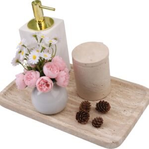 Marble Vanity Tray for Bathroom Counter, 12"x7"Travertine Decorative Tray for Perfume, Candles, Stone Jewelry Dish Tray