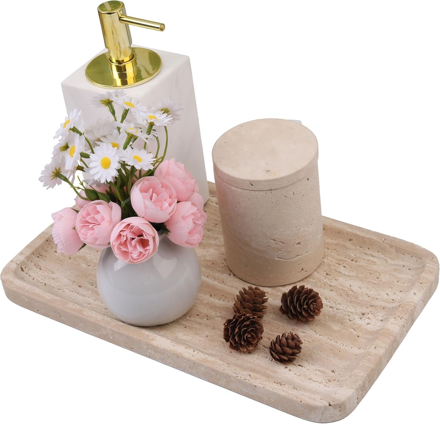 Marble Vanity Tray for Bathroom Counter, 12"x7"Travertine Decorative Tray for Perfume, Candles, Stone Jewelry Dish Tray