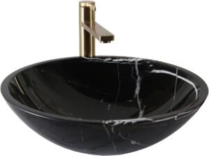 Black Marquina Stone Round Vessel Sink for Bathroom, 17 Inch Marble Bathroom Sink, Vanity Bowl Basin