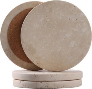CASACOUTURE-Travertine-Stone-Coasters Set of 4-Round -4" Diameter Drink Coasters for Housewarming Gift, Desktop Protection Suitable for Various Cups - Sturdy and Durable Aesthetics 1 CASACOUTURE-Travertine-Stone-Coasters Set of 4-Round -4" Diameter Drink Coasters for Housewarming Gift, Desktop Protection Suitable for Various Cups - Sturdy and Durable Aesthetics