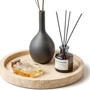 WORHE Natural Marble Vanity Tray for Bathroom Kitchen Dresser, Travertine Stone Decorative Trays for Jewelry, Perfume, Cosmetic, Candle, Round Countertop Storage Organizer for Home Decor Beige (WH019)