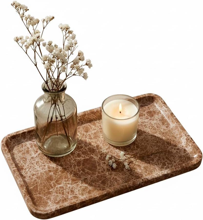 Light emperador Marble Vanity Tray for Bathroom Counter-12 X7 Decorative Tray for Perfume, Candles, Stone Jewelry Dish Tray