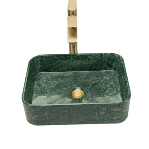 Green Square Stone Sink, Bathroom Vessel Sink, made of natural marble with irregular green veining, creates a luxurious and sophisticated bathroom vanity or countertop.