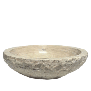ComfyUI_00548_ Natural Tan Travertine Vessel Sink – Modern Rustic Chiseled Round Bowl Bathroom Sink – Hand-Carved Marble – Real Stone Basin