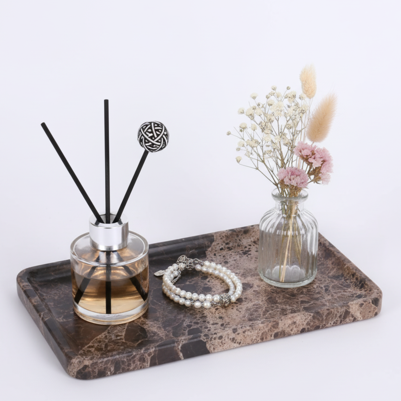 Light Emperador Marble Vanity Tray for Bathroom Counter, 10"x5" Decorative Tray for Perfume, Candles, Stone Jewelry Dish Tray