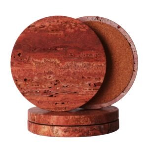 Red Travertine-Stone-Coasters Set of 4-Round -4" Diameter Drink Coasters for Housewarming Desktop Protection Suitable for Various Cups - Sturdy and Durable Aesthetics