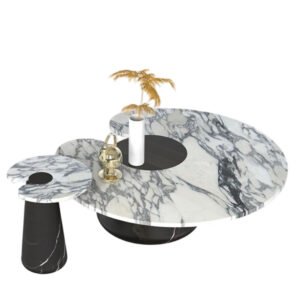 Custom Arabescato Marble Coffee Table Set | Nero Marquina Base | Designer Round Furniture