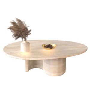 Custom Oval Travertine Coffee Table with Sculptural Wavy Base | Modern Natural Stone Design